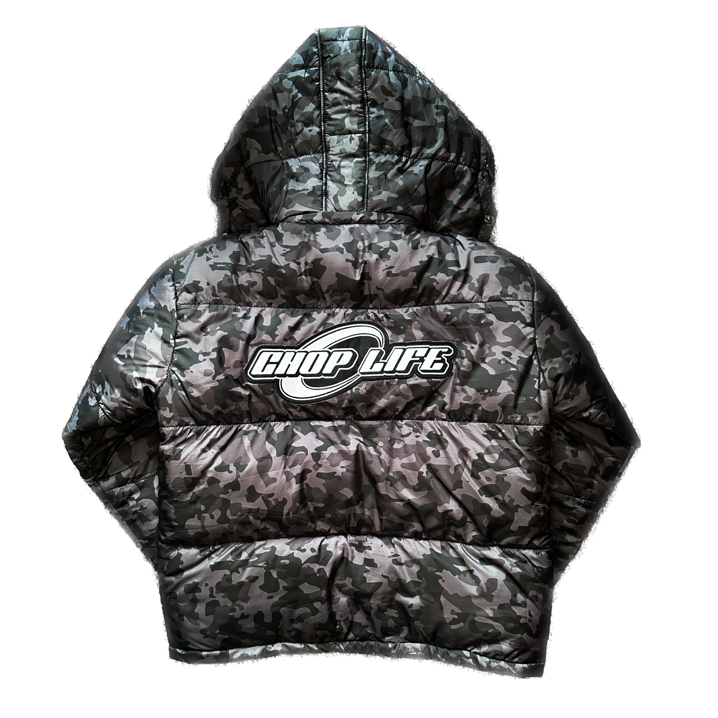 RACER HOODED PUFFER JACKET - CAMO BLACK